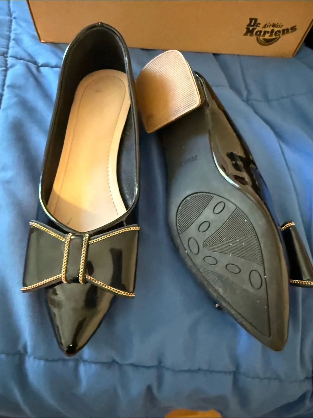 Black Patent Pointed Bow Flats with Gold Trim